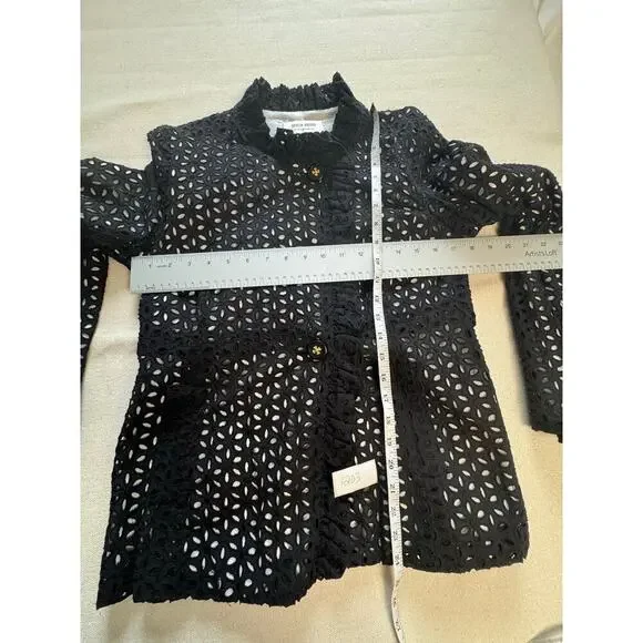 Skirtin Around 8 Black and White Floral Eyelet Ruffle Edged Jacket w Buttons - Picture 7 of 8